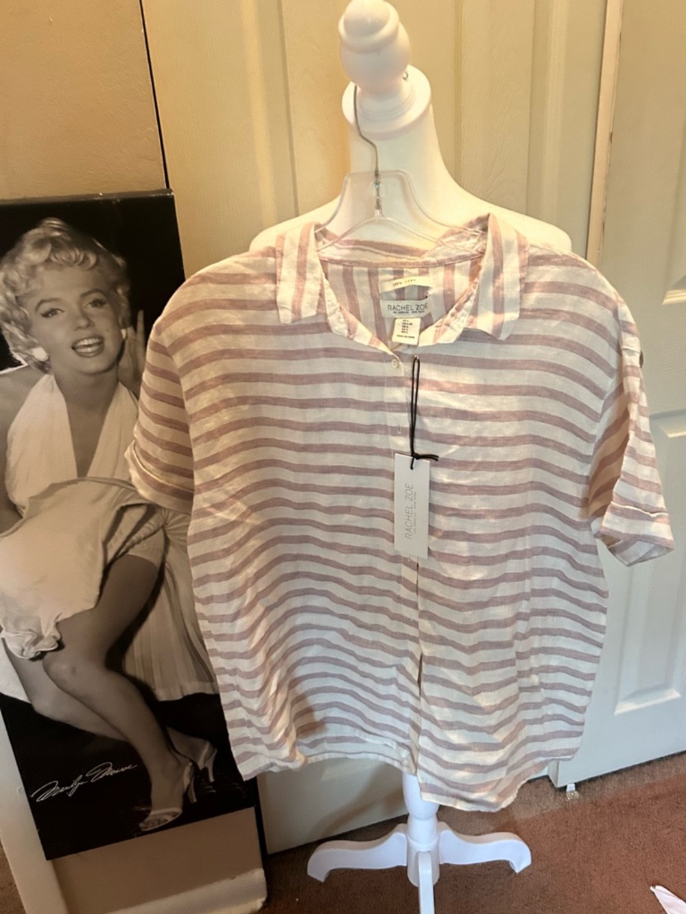 Rachel Zoe off white and soft purple Striped Button-Up Linen Blend Top L